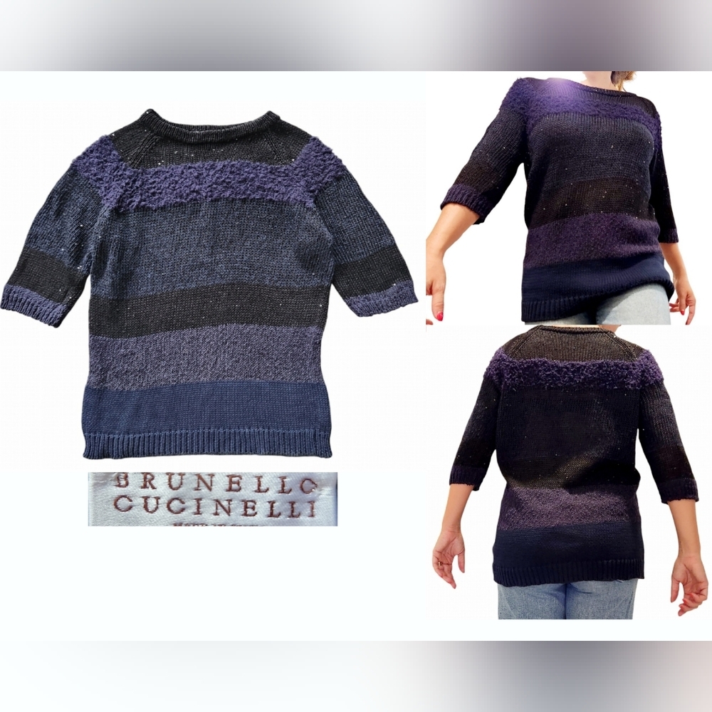 Brunello Cucinelli Dazzling Sequin Women Sweater Blue Stripe Large Sheer Luxury